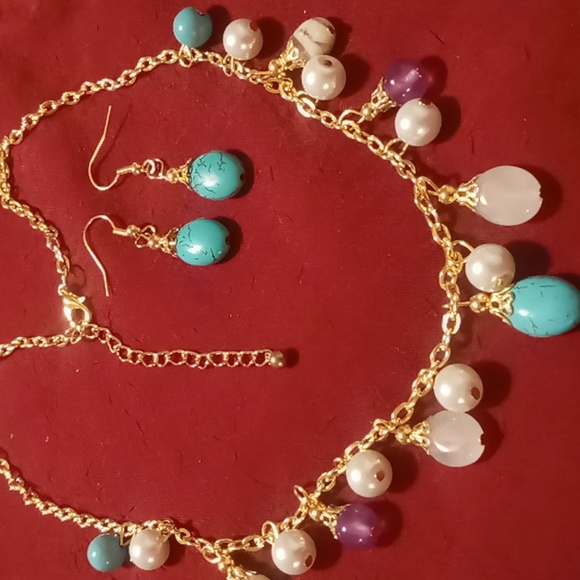 Necklace & earrings marble glass beaded gold tone .16+2 inches long nwt - Picture 10 of 10